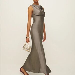 Dessa Satin Dress - Sleeveless Taupe Cowl Neck Maxi Dress - Reformation